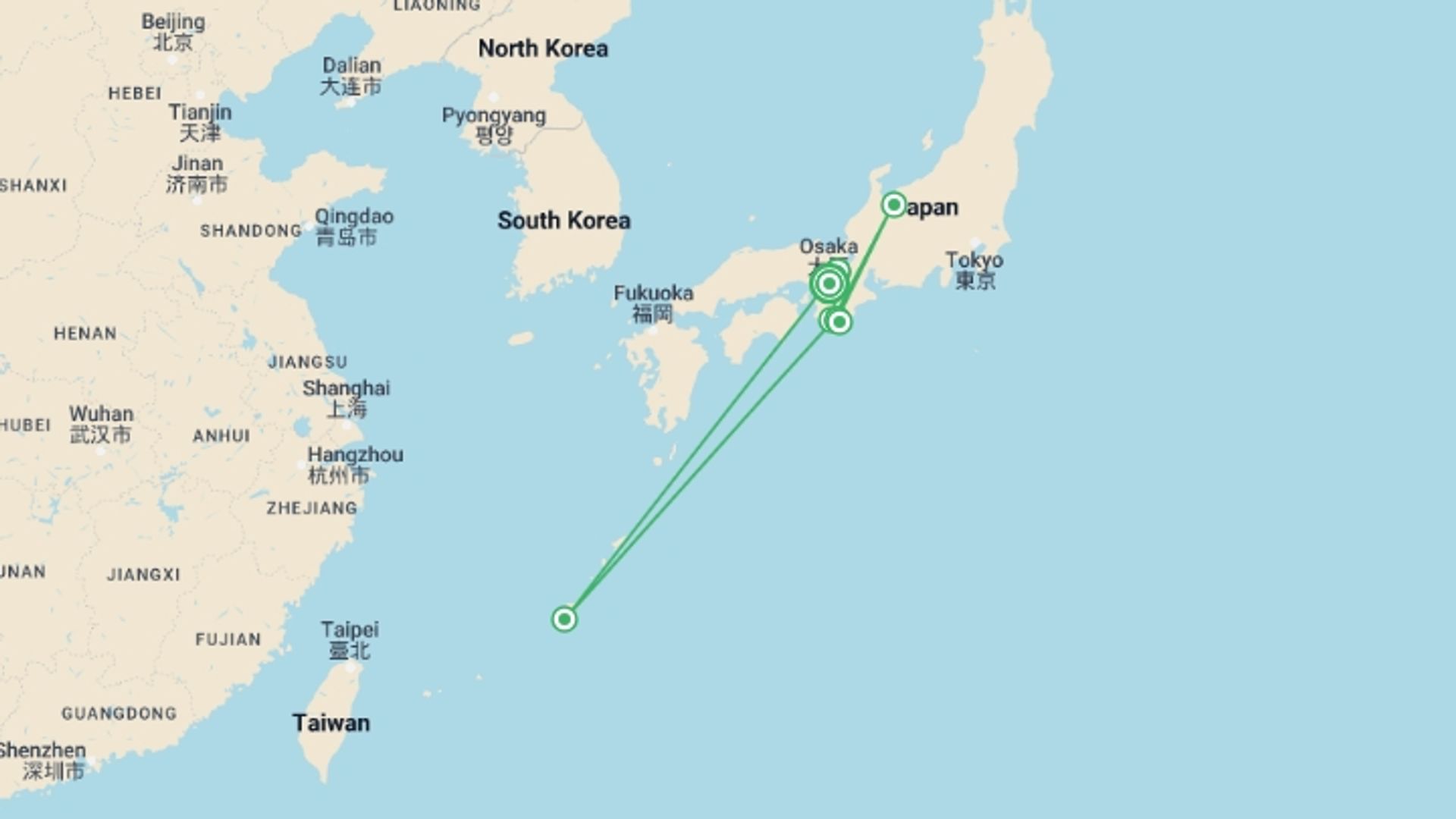 A map showing the tour itinerary for the trip: Walk the Kumano Kodo, starting in Osaka, Japan and ending in Osaka, Japan going through 6 other destinations.