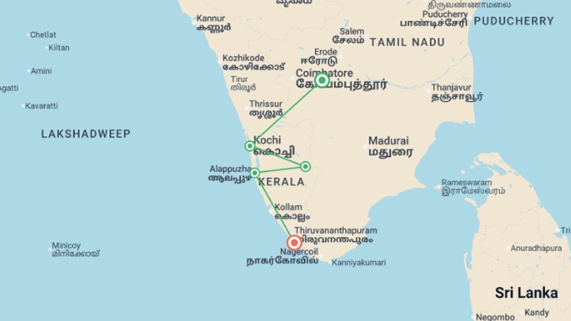 A map showing the tour itinerary for the trip: Highlights of Kerala, starting in Kerala & Tamil Nadu, India and ending in Kovalam, India going through 3 other destinations.