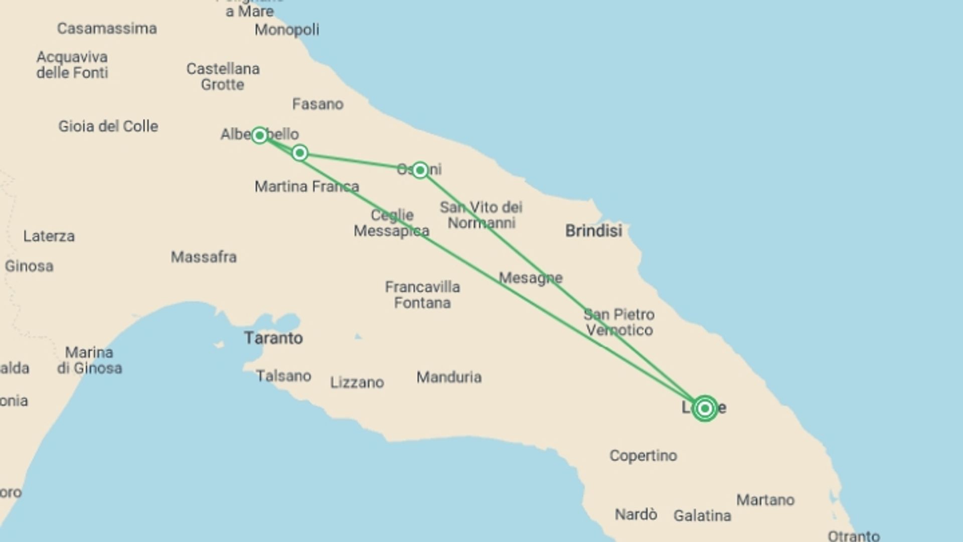 A map showing the tour itinerary for the trip: Discovering Lecce, starting in Lecce, Italy and ending in Lecce, Italy going through 0 other destinations.
