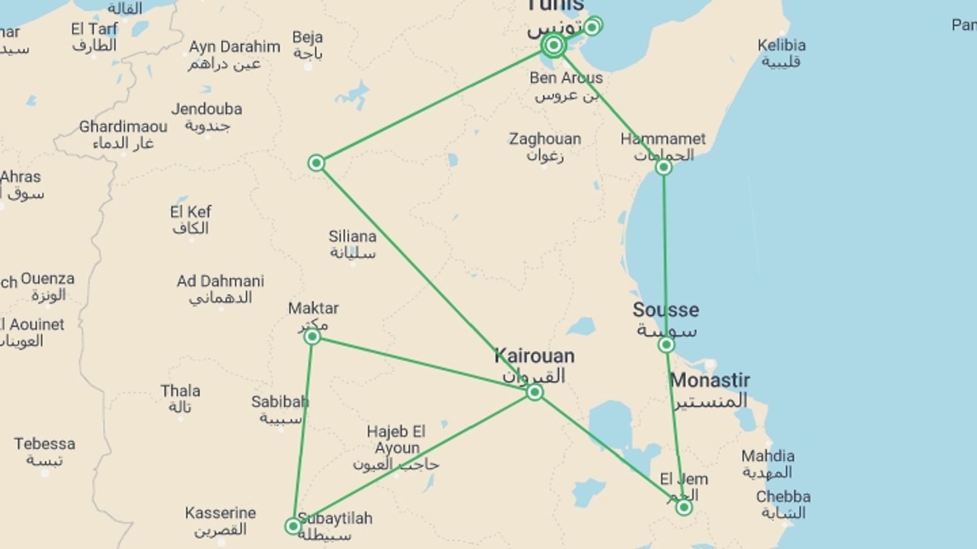A map showing the tour itinerary for the trip: Step Back Into The Millennium, Small Group Tour, starting in Tunis, Tunisia and ending in Tunis, Tunisia going through 2 other destinations.
