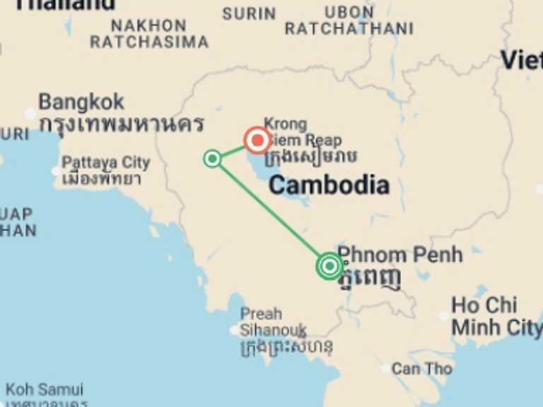 Map itinerary of Asia Tour in December 2026 with 3 destination visits for the trip: Highlights of Cambodia