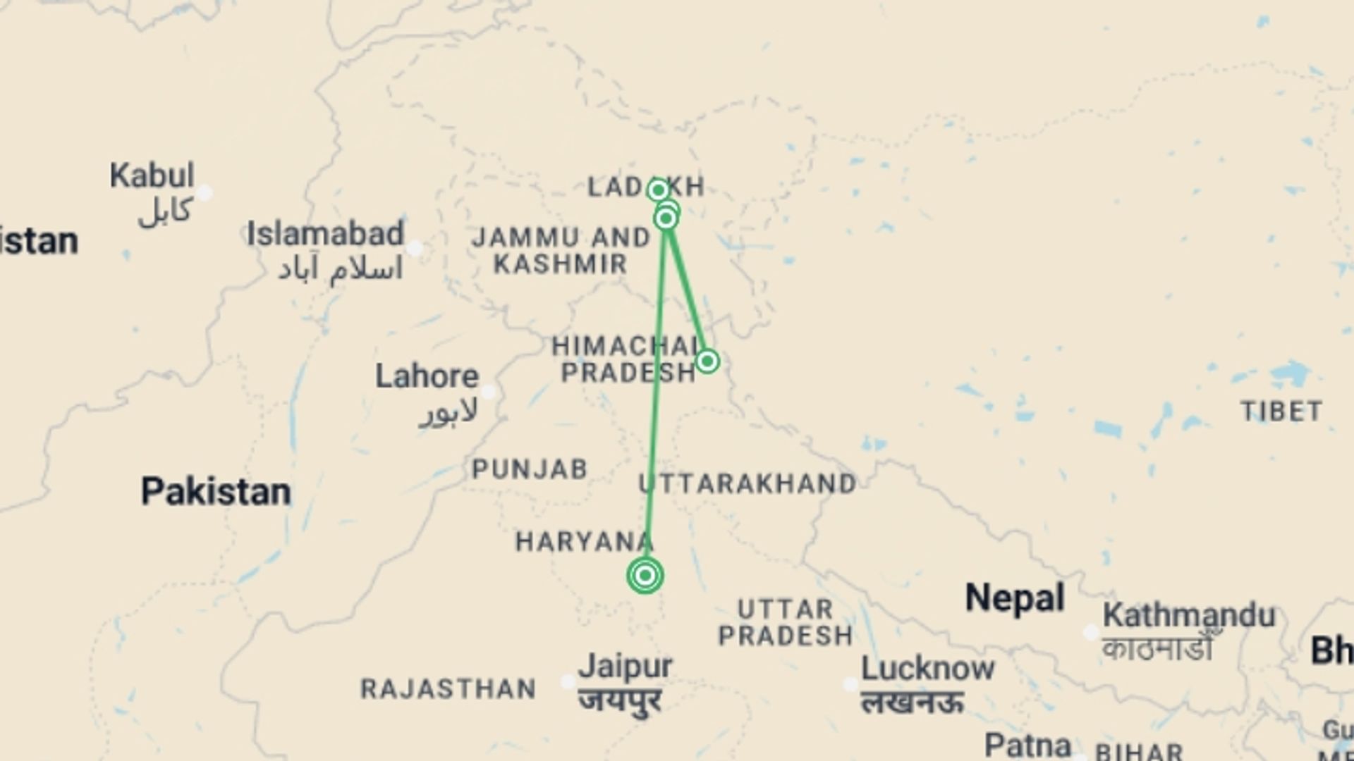 A map showing the tour itinerary for the trip: Ladakh: Nubra Valley Trek, starting in New Delhi, India and ending in New Delhi, India going through 4 other destinations.
