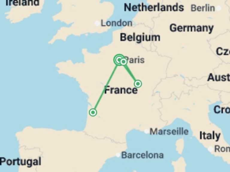 Map of Europe Tour with 4 destination visits for the trip: Bordeaux, Burgundy & Champagne