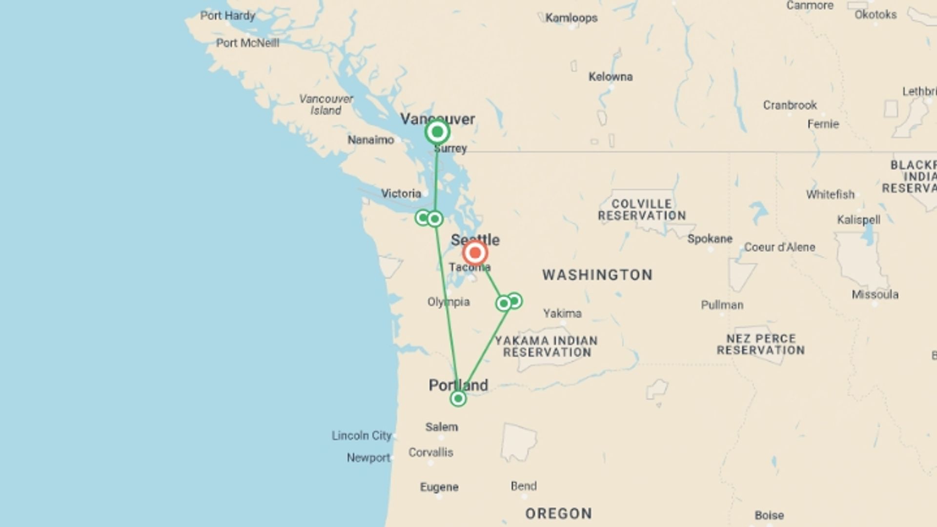 A map showing the tour itinerary for the trip: Best of the Pacific Northwest, starting in Vancouver, Canada and ending in Seattle, USA going through 4 other destinations.