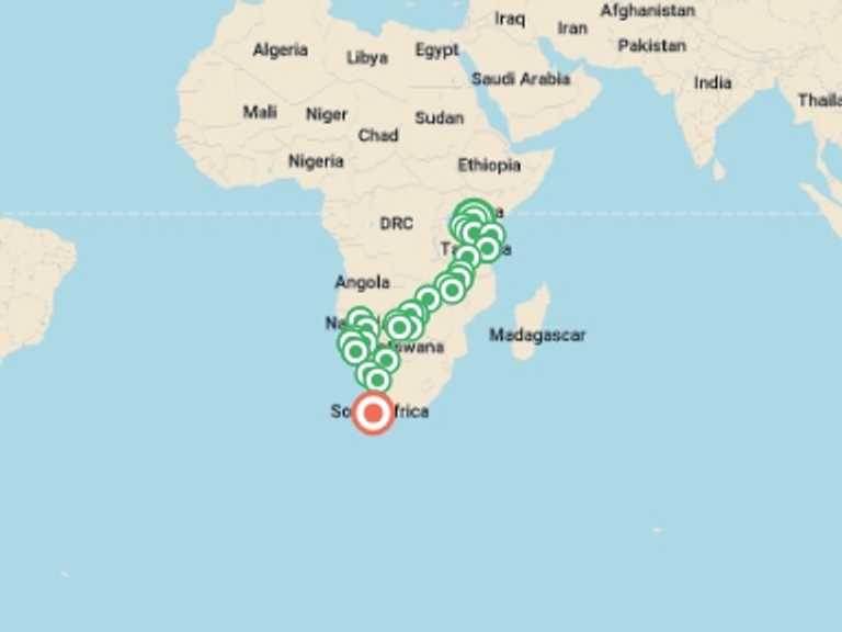 Map itinerary of Africa Tour in October 2026 with 30 destination visits for the trip: Nairobi to Cape Town Overland Safari & Participation Camping