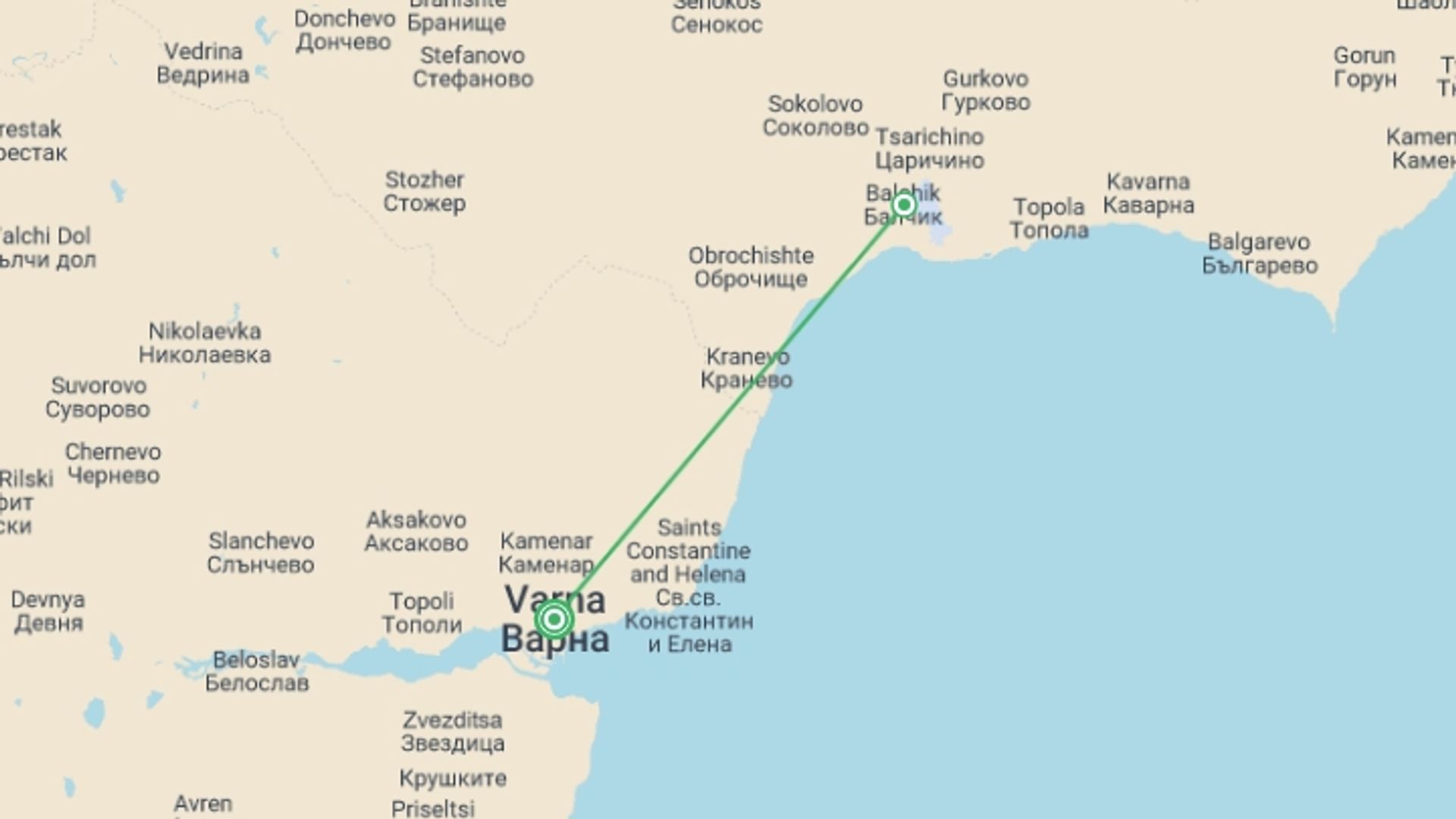 A map showing the tour itinerary for the trip: Varna The Jewel Of The Black Sea, City Break - Private Tour, starting in Varna, Bulgaria and ending in Varna, Bulgaria going through 1 other destinations.