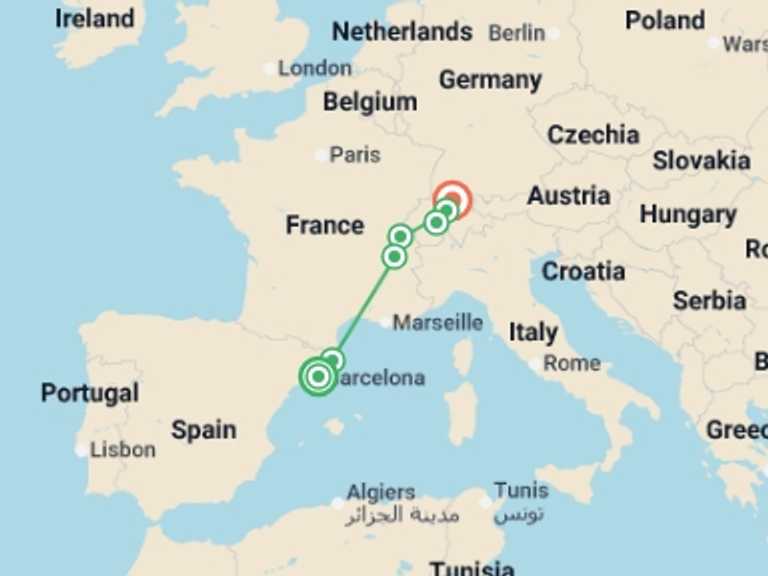 Map of Spain and Switzerland Tour with 6 destination visits for the trip: Barcelona to Zurich