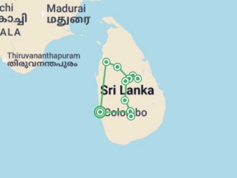 Map itinerary of Asia Tour in February 2026 with 4 destination visits for the trip: Splendours of Ceylon (5 & 4 Star Hotels)