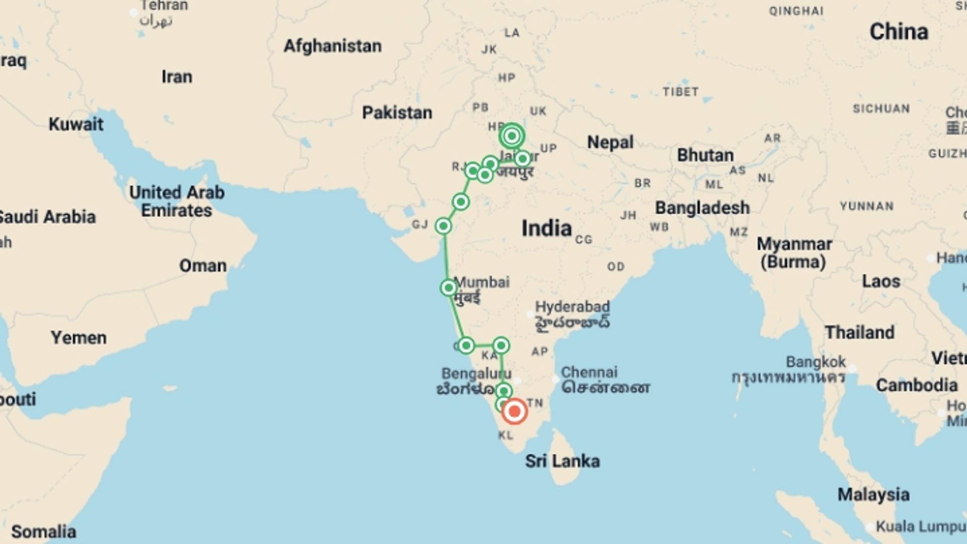 A map showing the tour itinerary for the trip: Delhi to Kochi: Hampi Ruins & The Taj Mahal, starting in New Delhi, India and ending in Kerala & Tamil Nadu, India going through 11 other destinations.