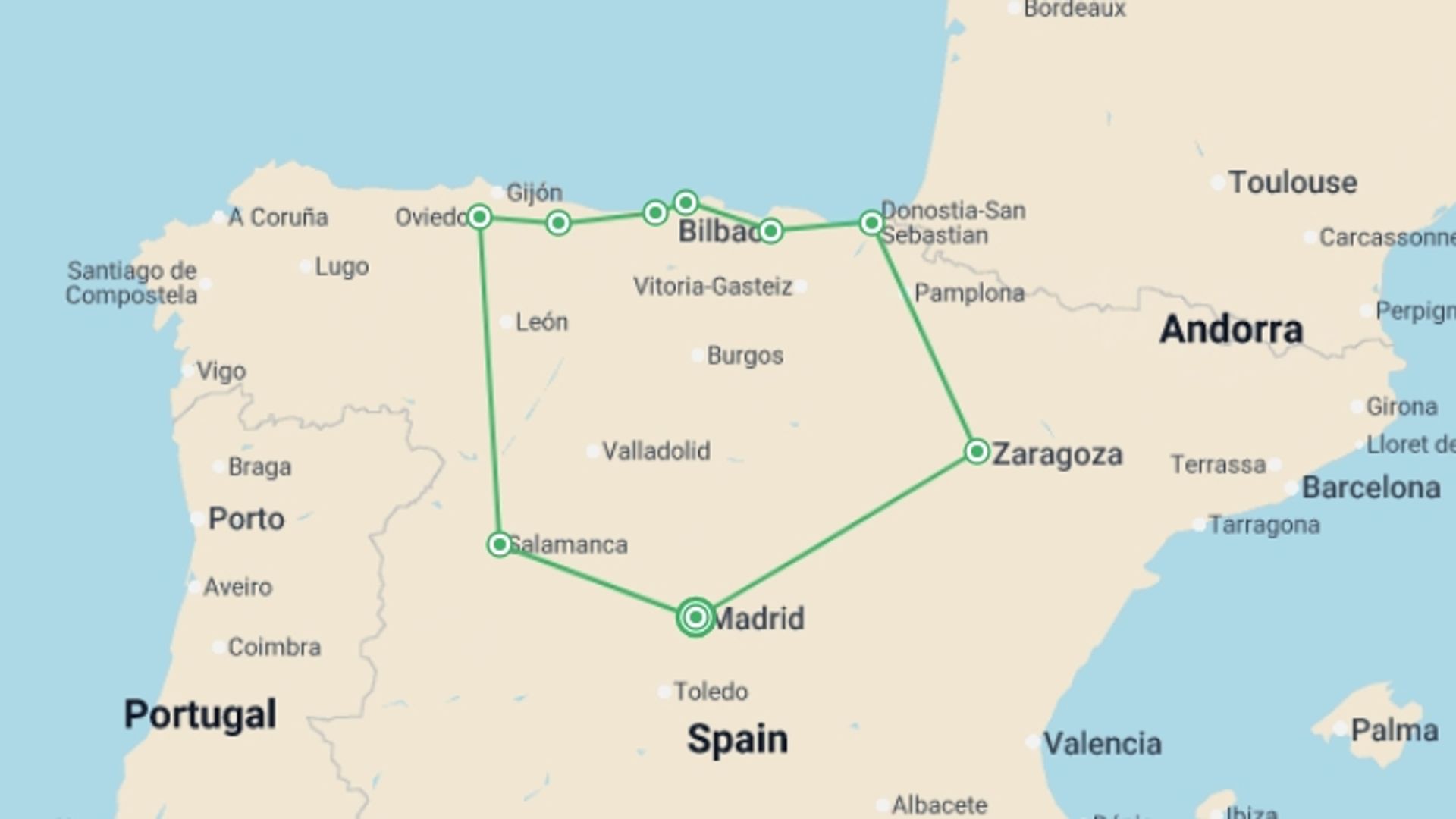 A map showing the tour itinerary for the trip: San Sebastian, Santander & Oviedo - 4 days, starting in Madrid, Spain and ending in Madrid, Spain going through 3 other destinations.