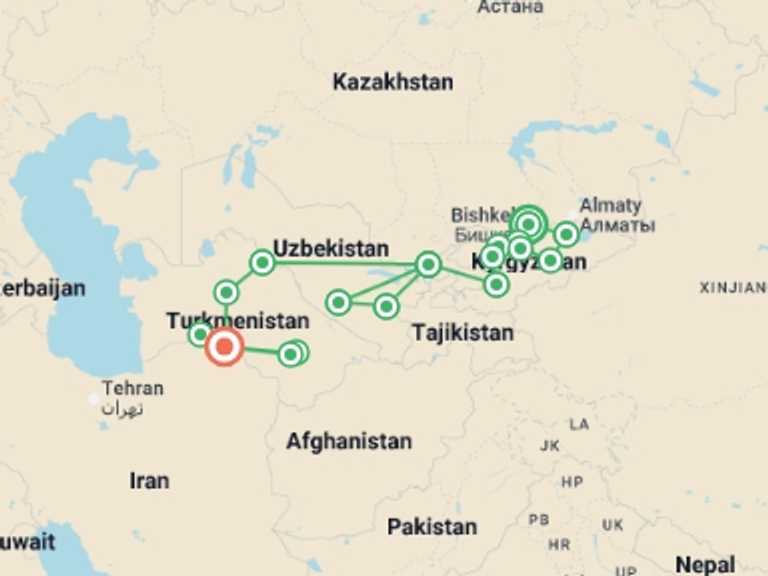 Map itinerary of Bukhara Tour in May 2026 with 15 destination visits for the trip: Bishkek to Ashgabat