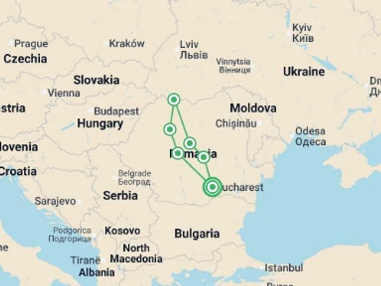 Map itinerary of Eastern Europe Tour in Summer with 6 destination visits for the trip: Timeless Romania - 8 days