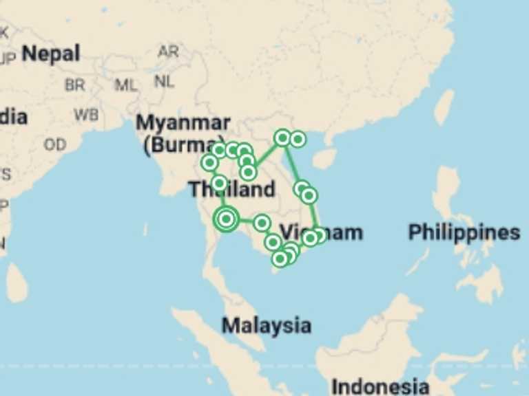 Map itinerary of Hanoi Tour in September 2026 with 17 destination visits for the trip: Southeast Asia Circuit (from Bangkok) Travel Pass