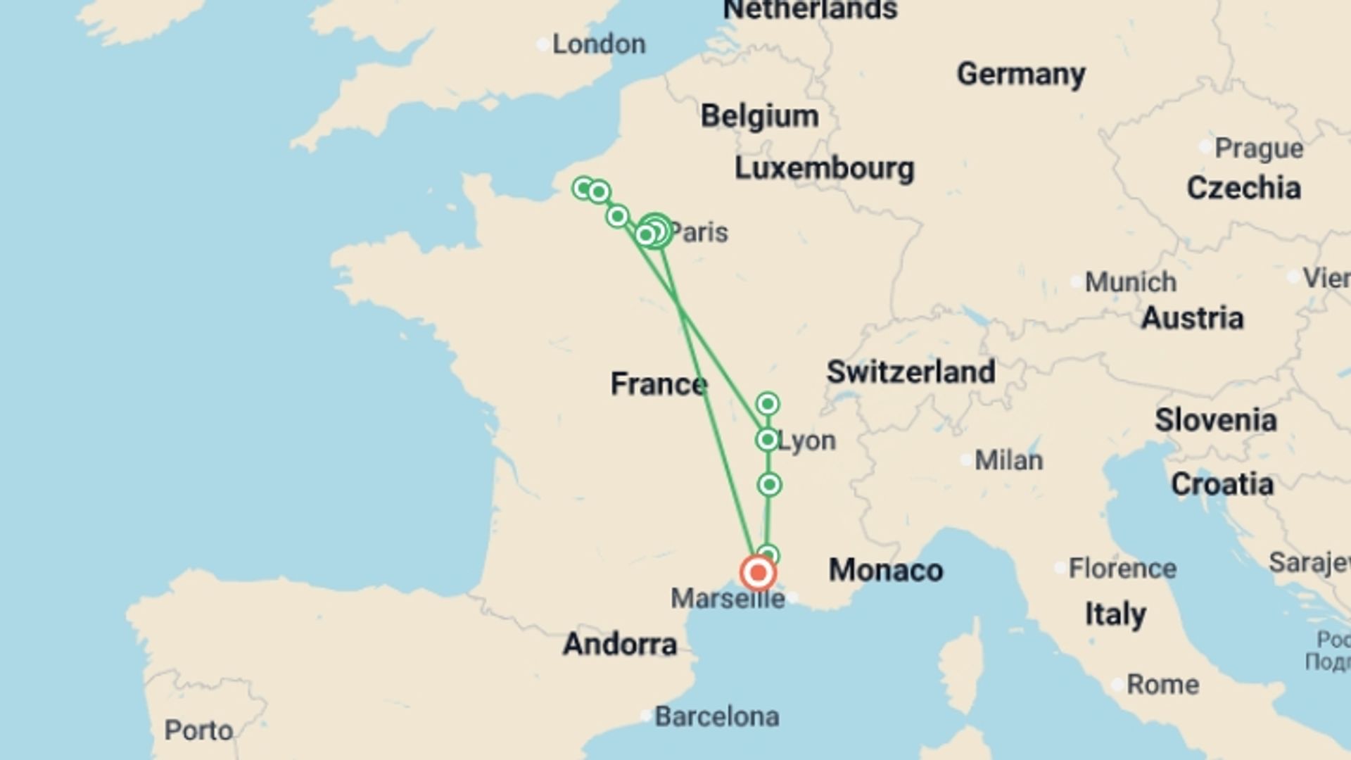 A map showing the tour itinerary for the trip: Grand France (2027), starting in Paris, France and ending in Arles, France going through 8 other destinations.