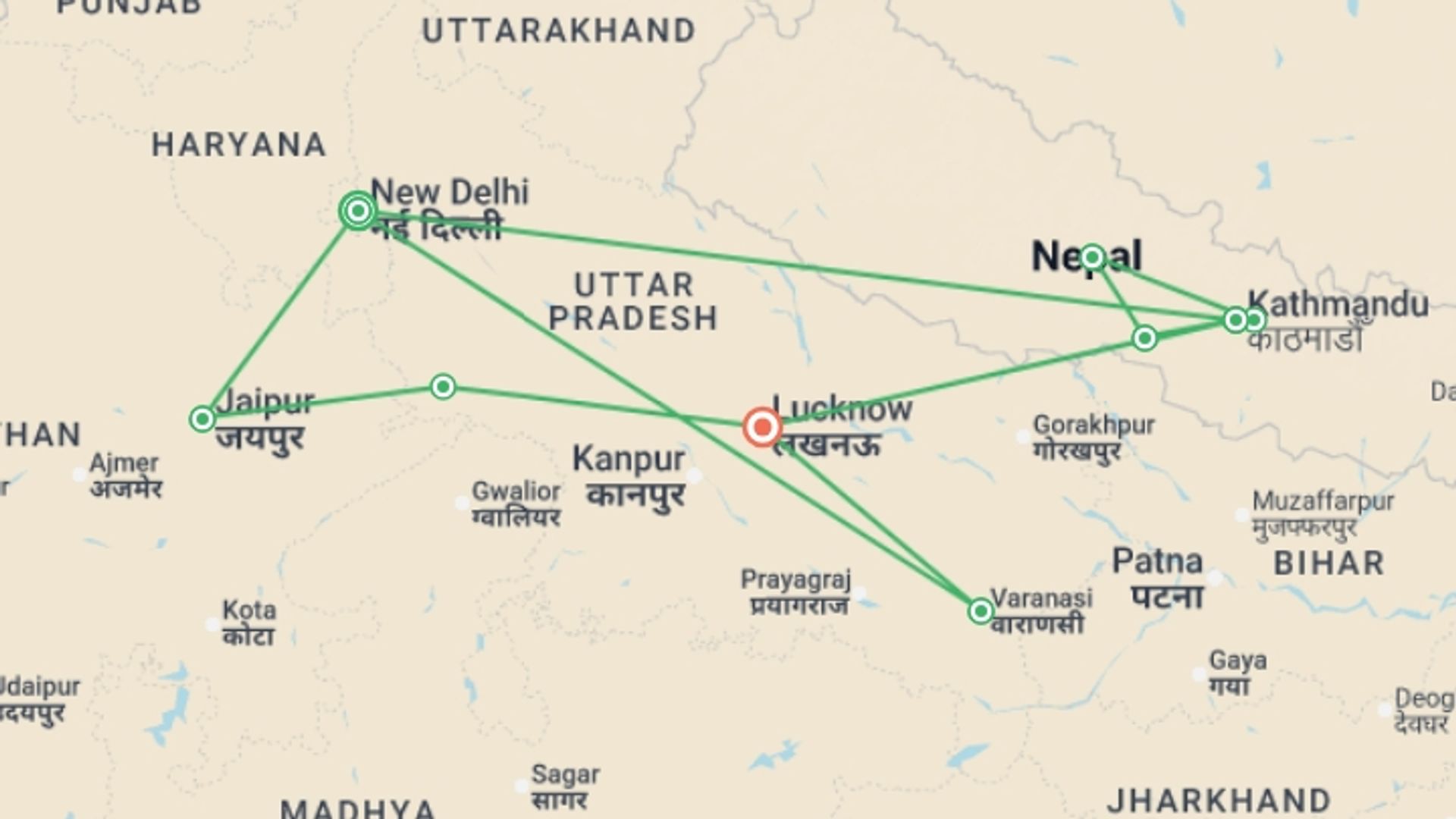A map showing the tour itinerary for the trip: Premium India & Nepal, starting in New Delhi, India and ending in Lucknow, India going through 7 other destinations.