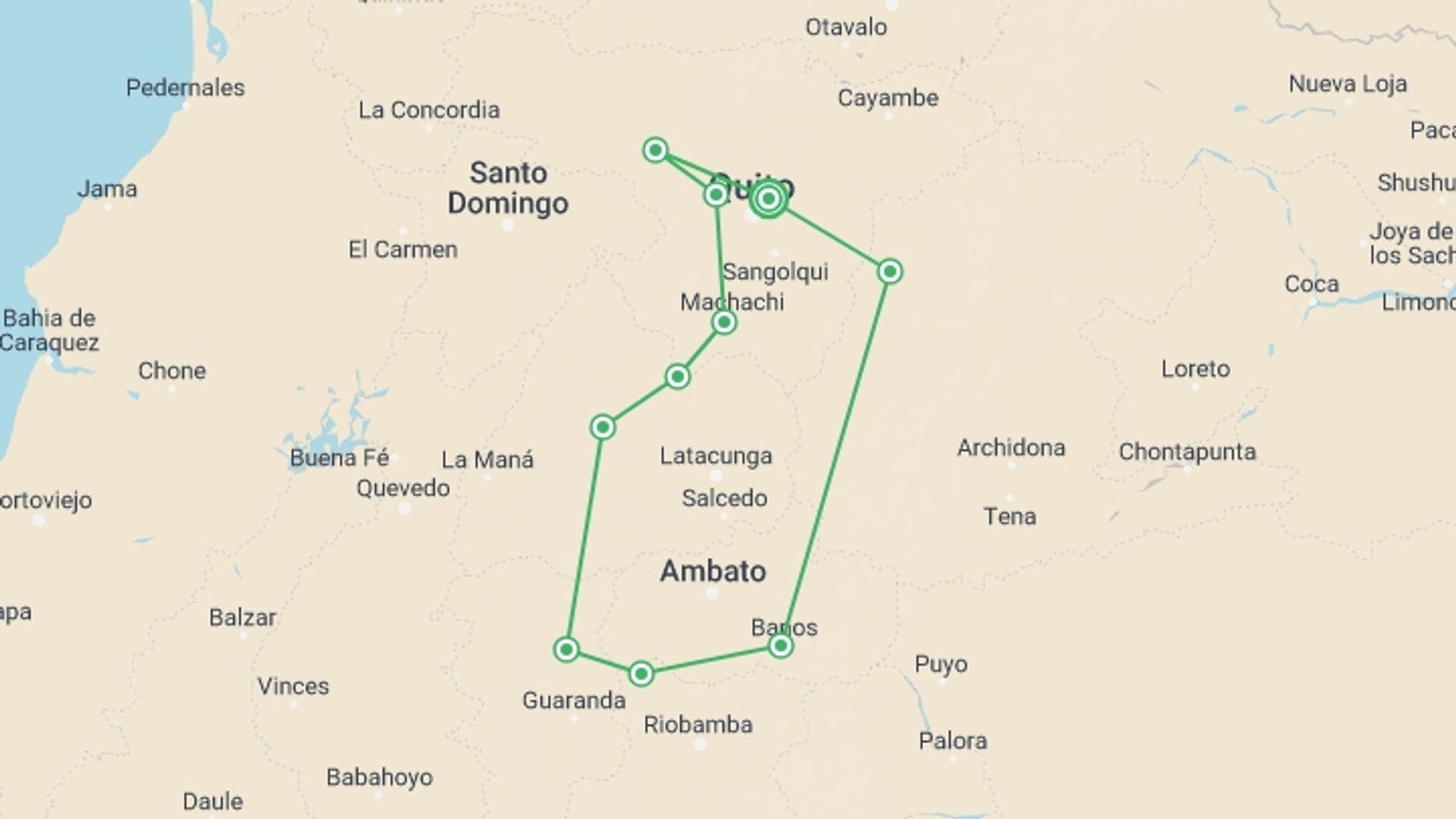A map showing the tour itinerary for the trip: Ecuador Motorbike Adventure Tour, starting in Quito, Ecuador and ending in Quito, Ecuador going through 9 other destinations.