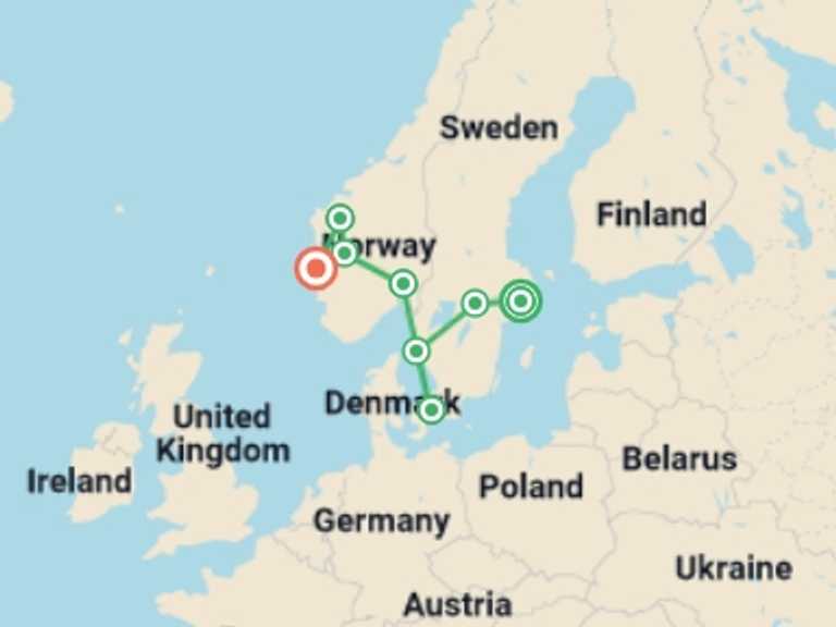 Map of Europe City sightseeing Tour with 7 destination visits for the trip: Spectacular Scandinavia 
