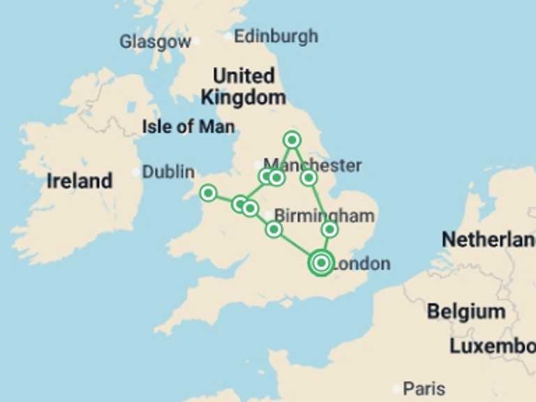 Map of a Walking Tour with 3 destination visits for the trip: Shakespeare, Snowdonia & Yorkshire - 5 days