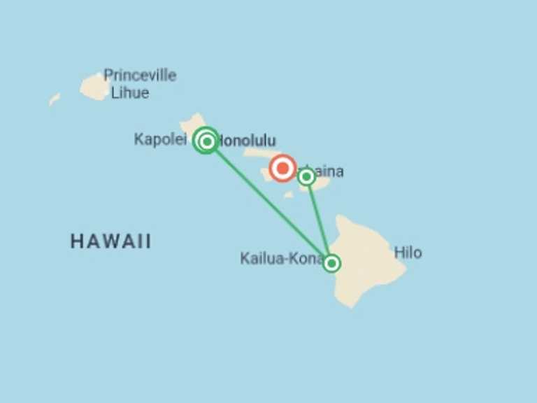 Map itinerary of USA Tour in December 2026 with 6 destination visits for the trip: Hawaiian Explorer