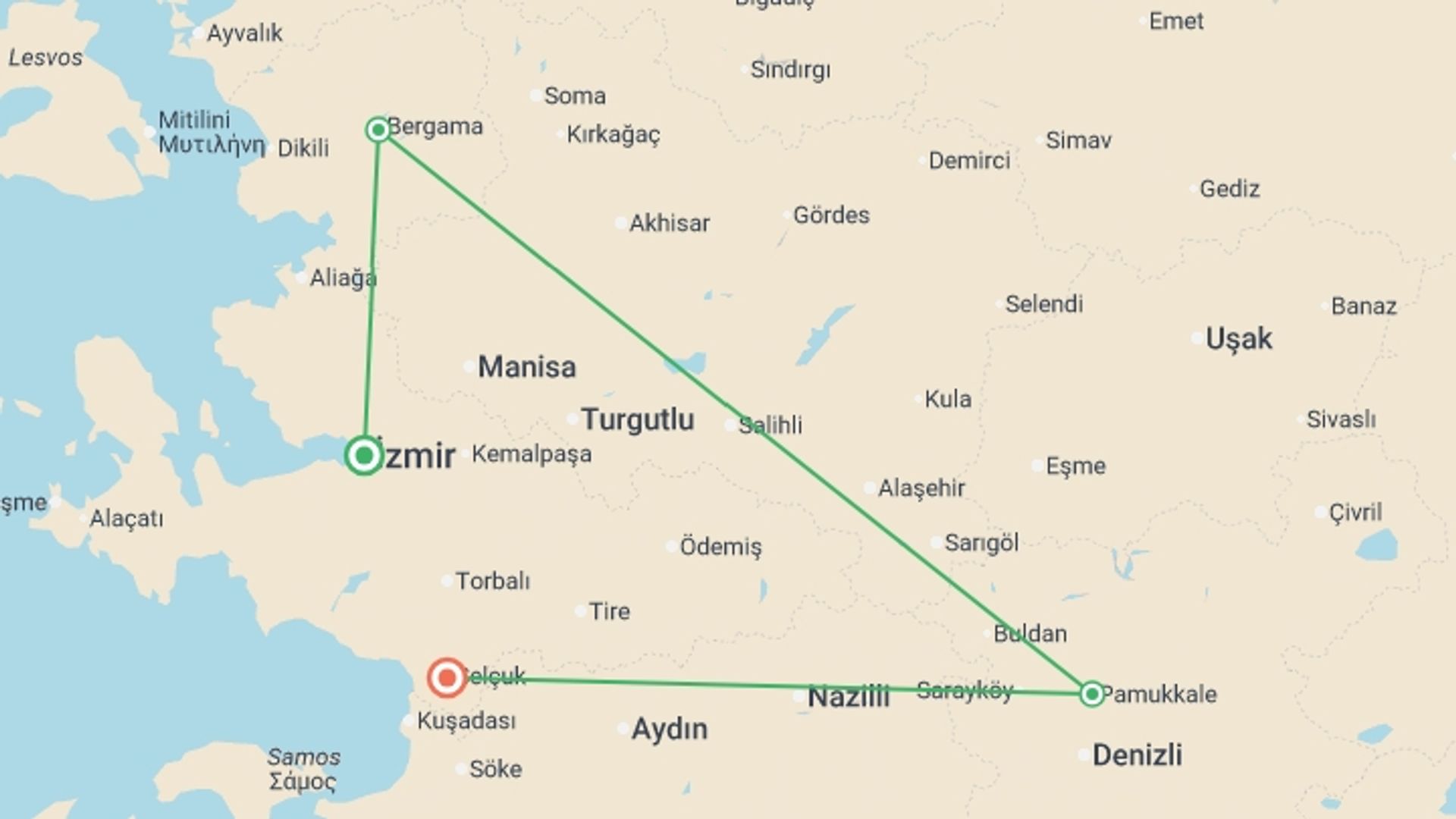 A map showing the tour itinerary for the trip: 3 Days - Seven Churches Of Revelation, starting in Izmir, Turkey and ending in Ephesus, Turkey going through 2 other destinations.
