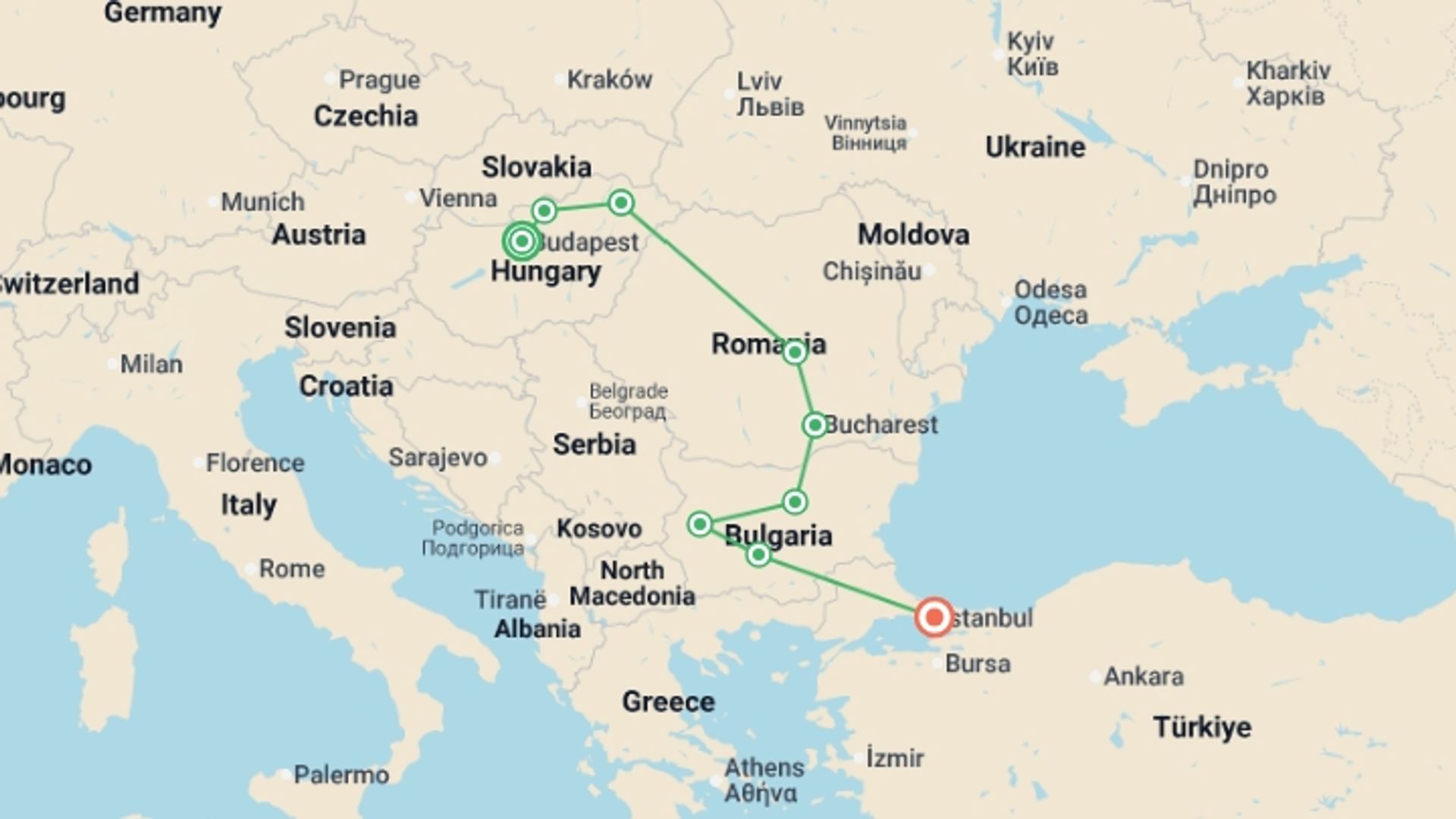 A map showing the tour itinerary for the trip: Budapest to Istanbul Adventure, starting in Budapest, Hungary and ending in Istanbul, Turkey going through 7 other destinations.