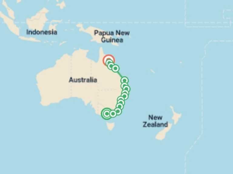 Map of a Adventure and sport Tour with 15 destination visits for the trip: Melbourne to Cairns Adventure
