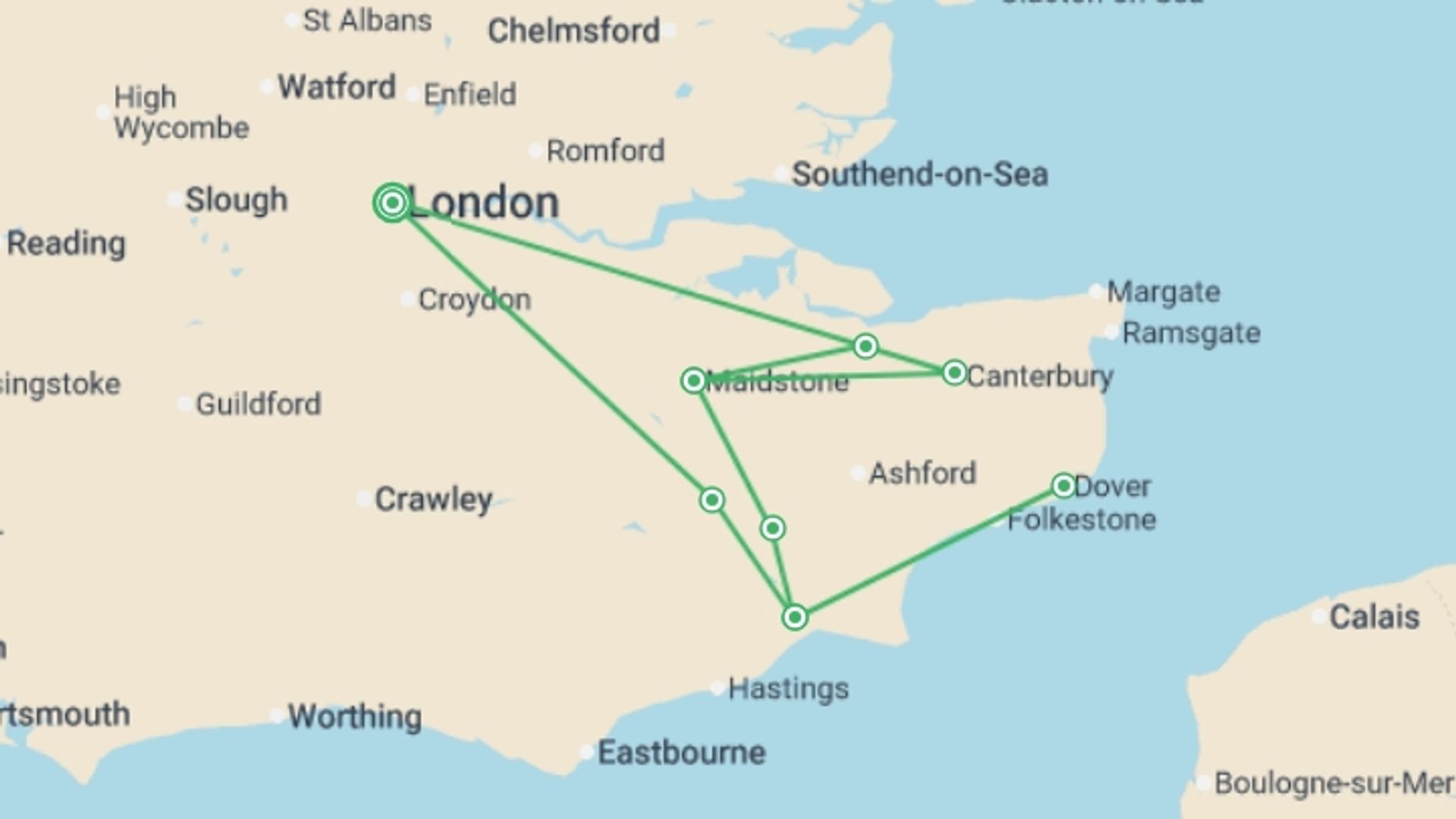 A map showing the tour itinerary for the trip: Kent: the Garden of England, starting in London, England and ending in London, England going through 3 other destinations.