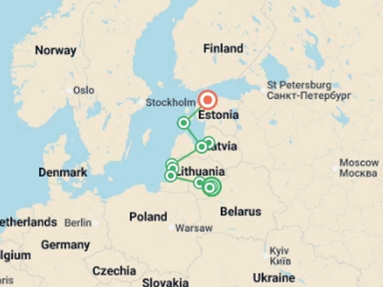 Map of a Adventure and sport Tour with 7 destination visits for the trip: Treasures of the Baltics Self Guided