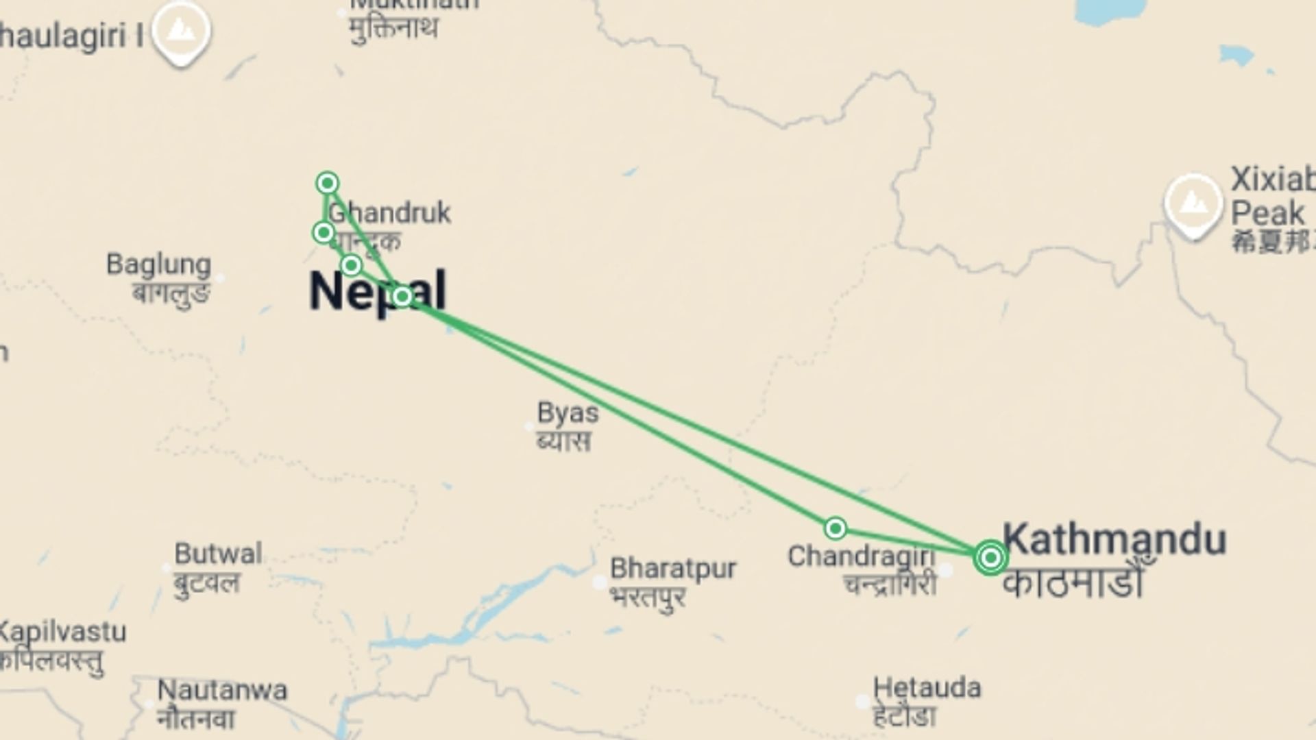A map showing the tour itinerary for the trip: Essential Nepal, starting in Kathmandu, Nepal and ending in Kathmandu, Nepal going through 5 other destinations.