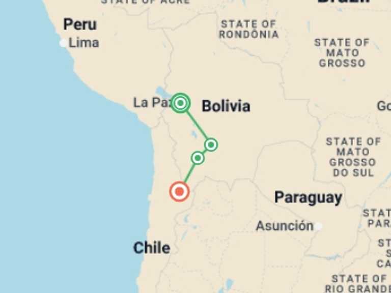 Map of South America Tour with 4 destination visits for the trip: Highlights of Bolivia - 9 days