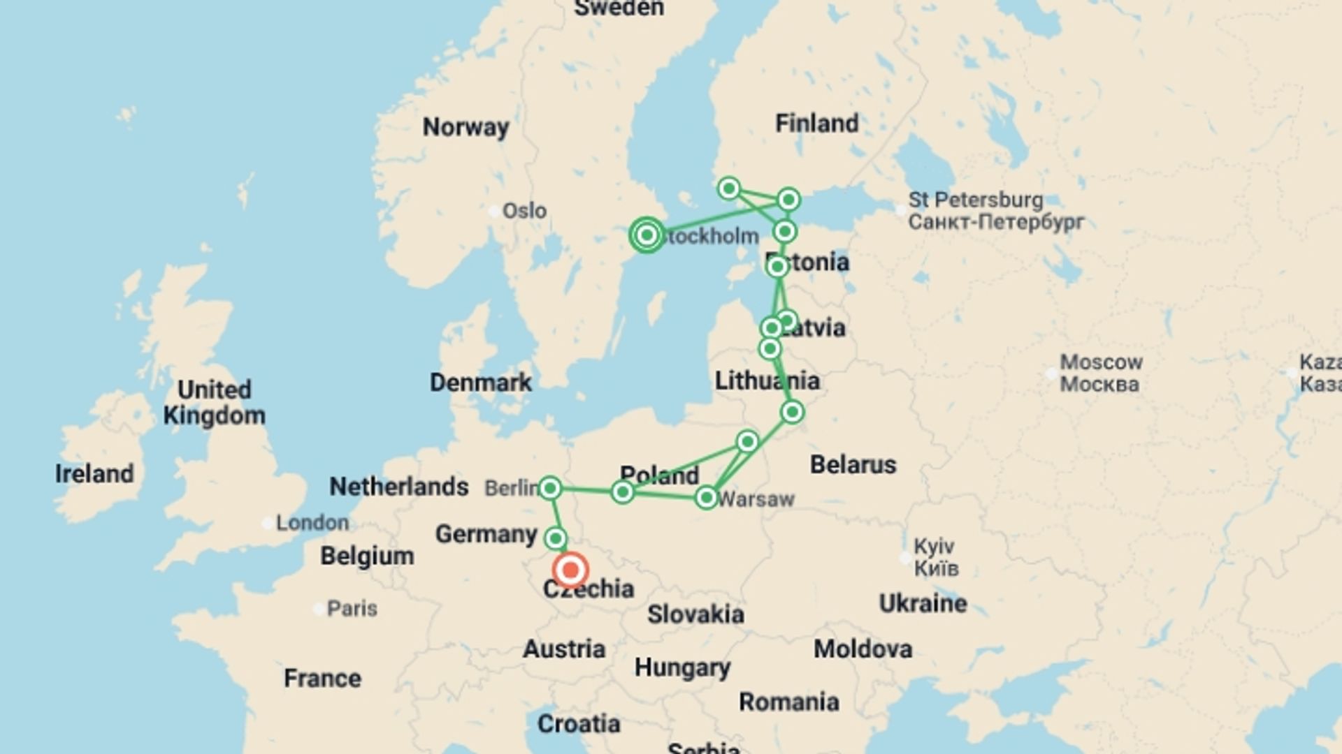 A map showing the tour itinerary for the trip: Baltic Capitals End Prague, starting in Stockholm, Sweden and ending in Prague, Czech Republic going through 11 other destinations.