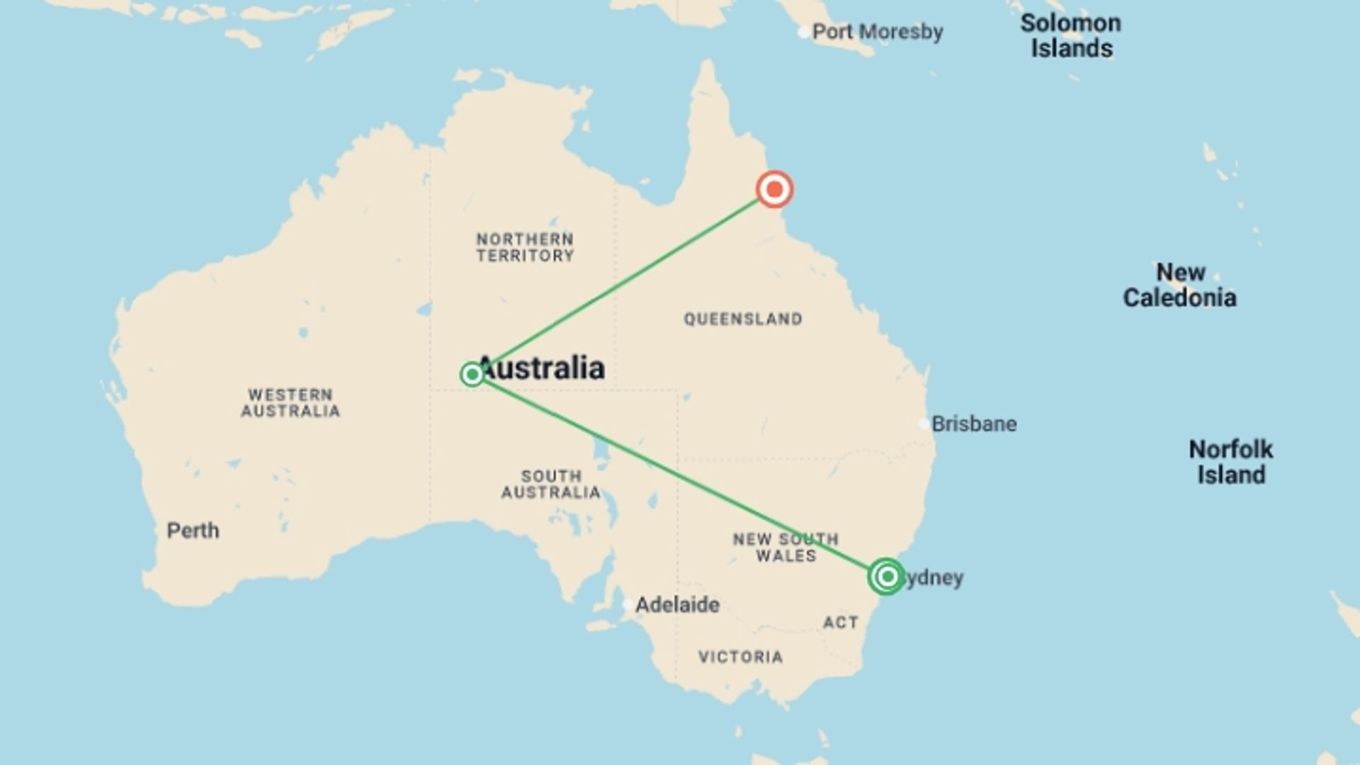 A map showing the tour itinerary for the trip: Bucket List Australia, starting in Sydney and NSW, Australia and ending in Cairns, Australia going through 2 other destinations.