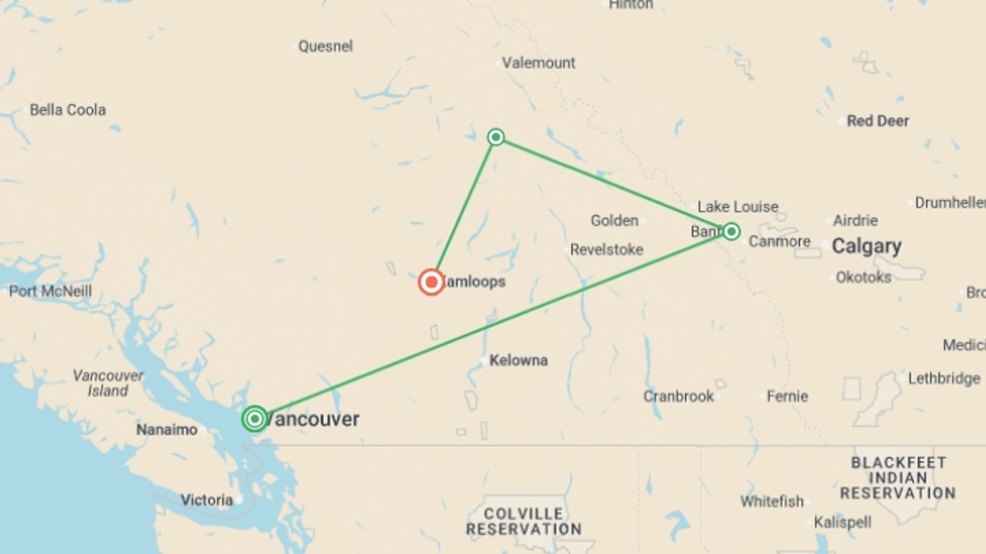 A map showing the tour itinerary for the trip: Vancouver, Banff & Rockies Summer - 5 days, starting in Vancouver, Canada and ending in Thompson Country, Canada going through 3 other destinations.