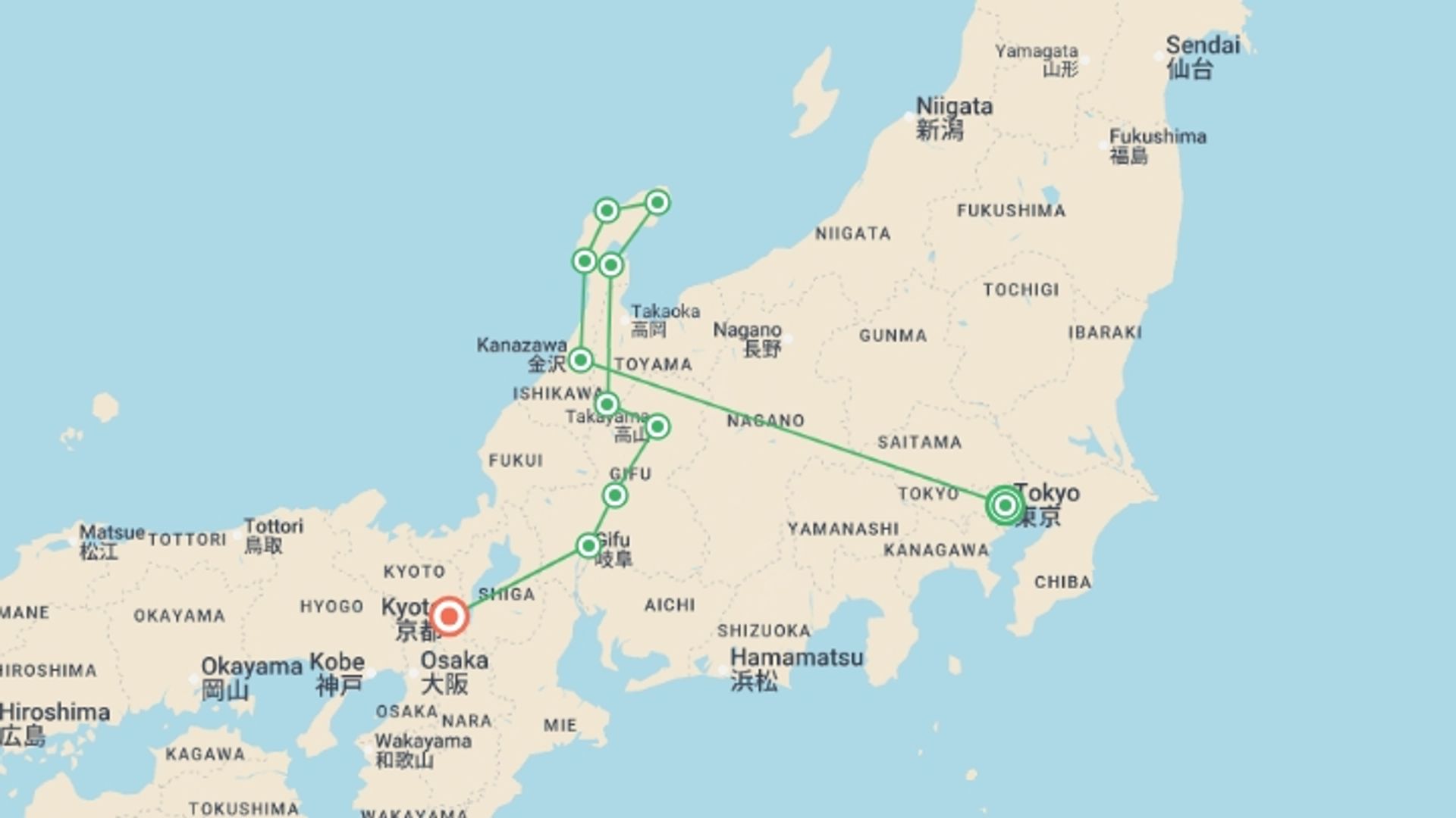 A map showing the tour itinerary for the trip: Cycling in Japan, starting in Tokyo, Japan and ending in Kyoto, Japan going through 9 other destinations.