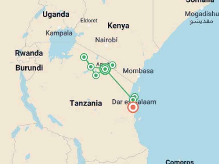 Map itinerary of Dar Es Salaam Tour in January 2027 with 10 destination visits for the trip: 14 Day Family Safari in Tanzania  (3 pax)