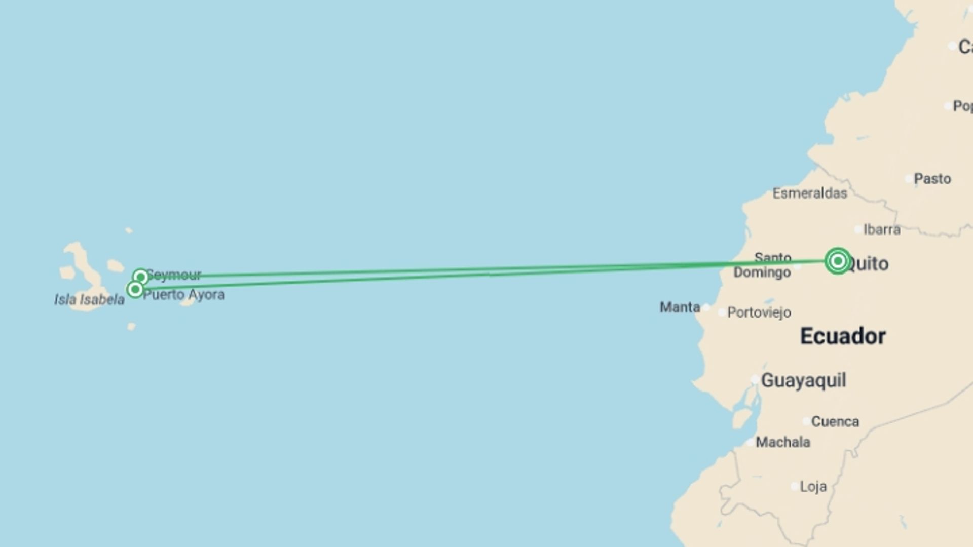 A map showing the tour itinerary for the trip: Essential Quito and Galapagos, starting in Quito, Ecuador and ending in Quito, Ecuador going through 4 other destinations.