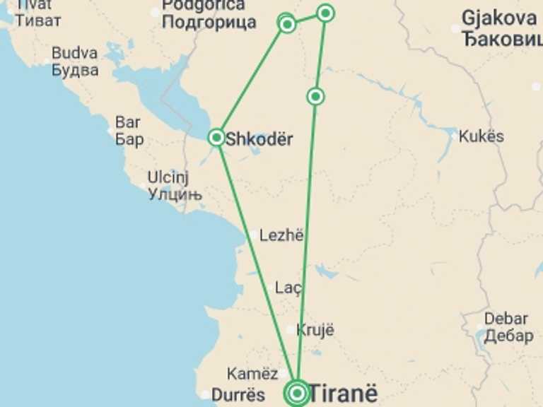 Map itinerary of Europe Tour in June 2026 with 6 destination visits for the trip: Hiking the Albanian Alps