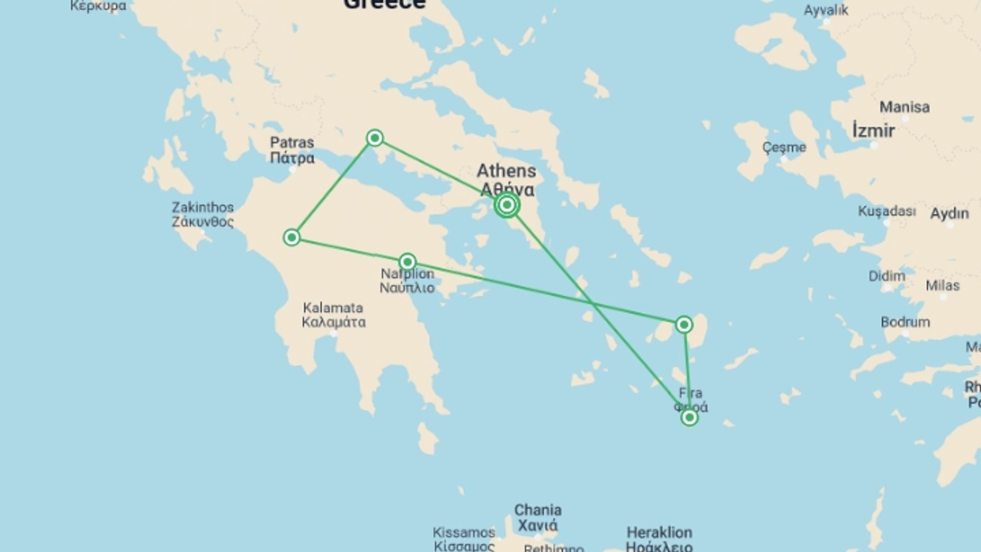 A map showing the tour itinerary for the trip: Journeys: Discover Greece, starting in Athens, Greece and ending in Athens, Greece going through 5 other destinations.