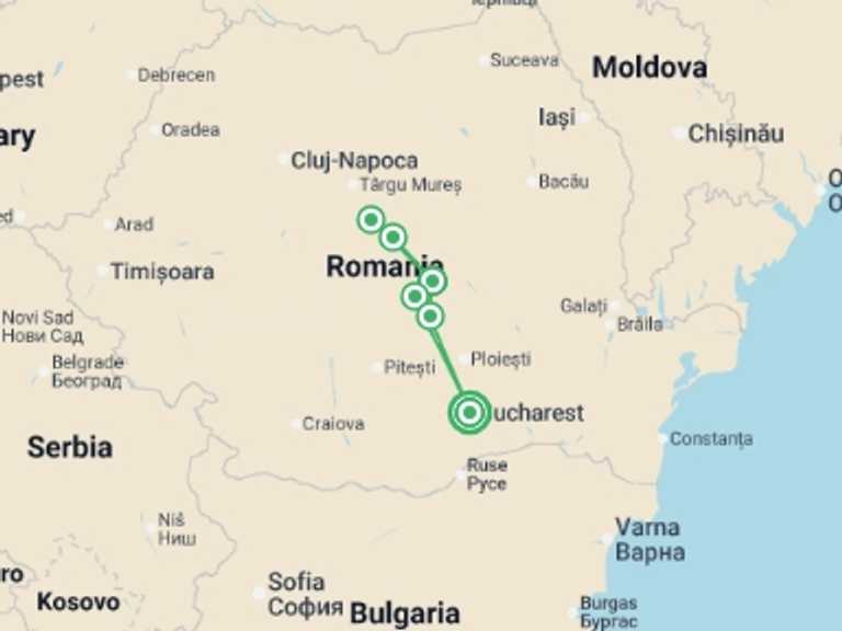 Map itinerary of Europe Tour in April 2026 with 2 destination visits for the trip: Best of Romania - 8 days