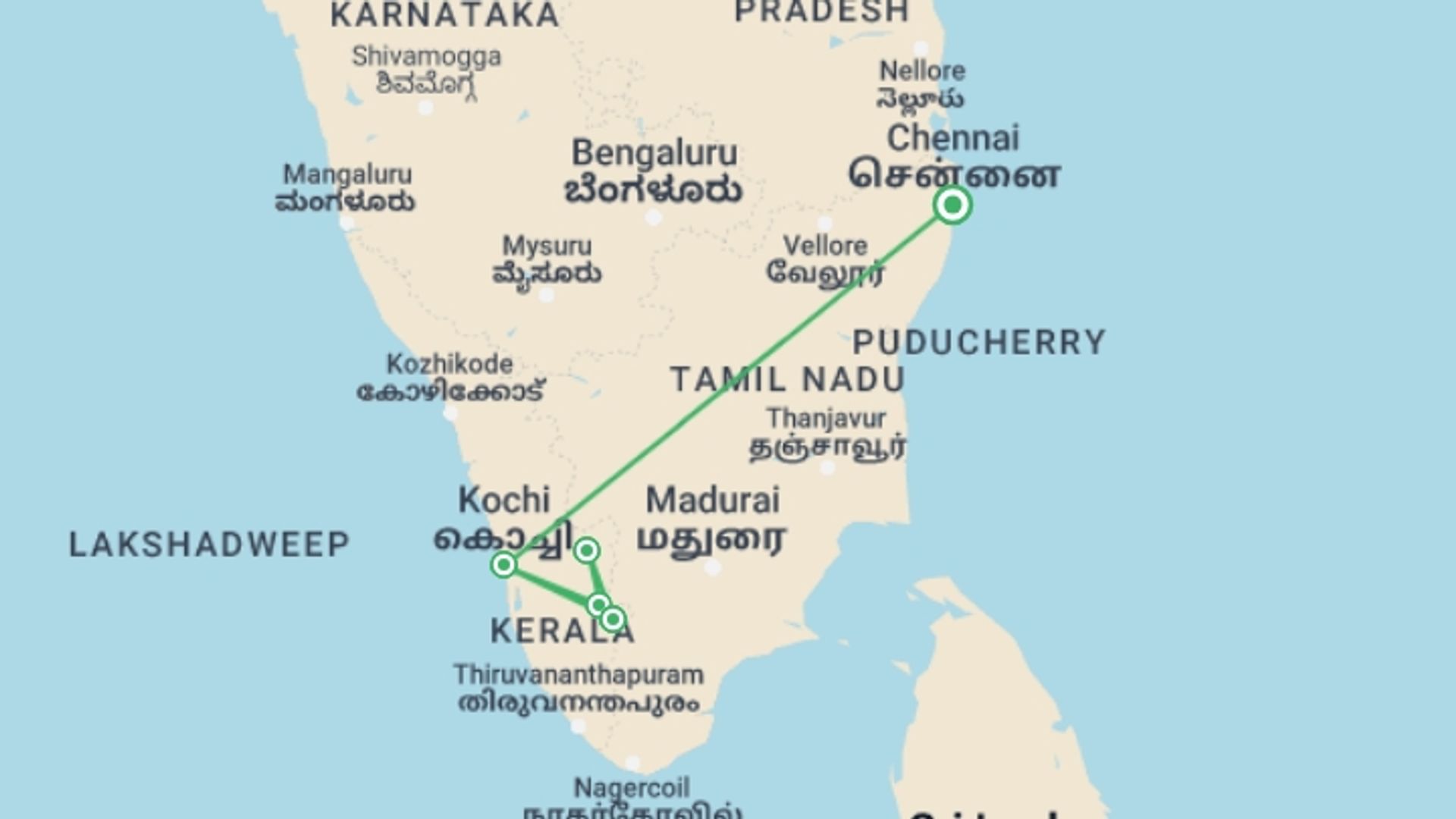 A map showing the tour itinerary for the trip: Cycling Kerala's Backroads, starting in Chennai, India and ending in Chennai, India going through 4 other destinations.