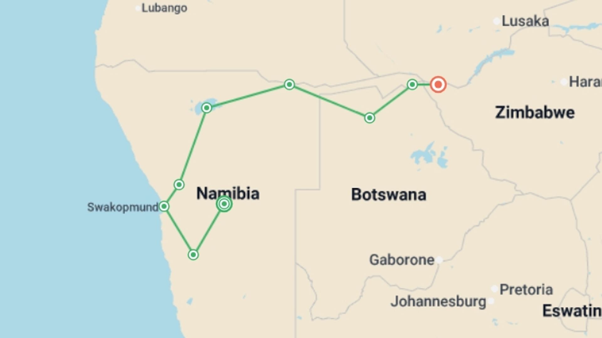 A map showing the tour itinerary for the trip: Namibia to Victoria Falls Explorer, starting in Windhoek, Namibia and ending in Victoria Falls, Zimbabwe going through 7 other destinations.