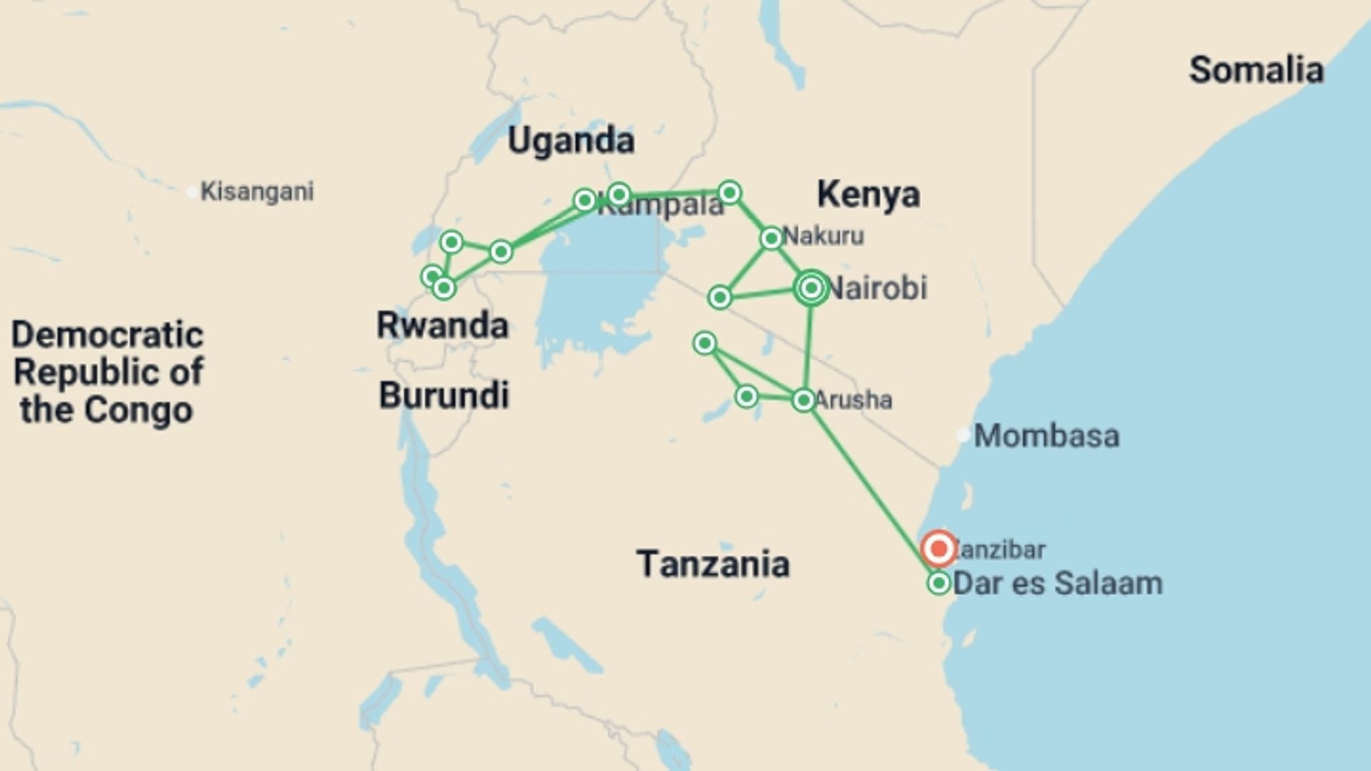 A map showing the tour itinerary for the trip: Ultimate East Africa: Mountains & the Masai Mara, starting in Nairobi, Kenya and ending in Zanzibar, Tanzania going through 14 other destinations.