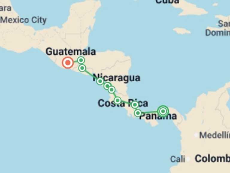 Map itinerary of North America Tour in December 2026 with 11 destination visits for the trip: Wonders of Central America - 22 days