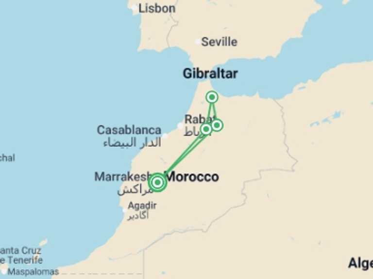 Map itinerary of Africa Tour in June 2026 with 4 destination visits for the trip: Chefchaouen And North, Private Tour