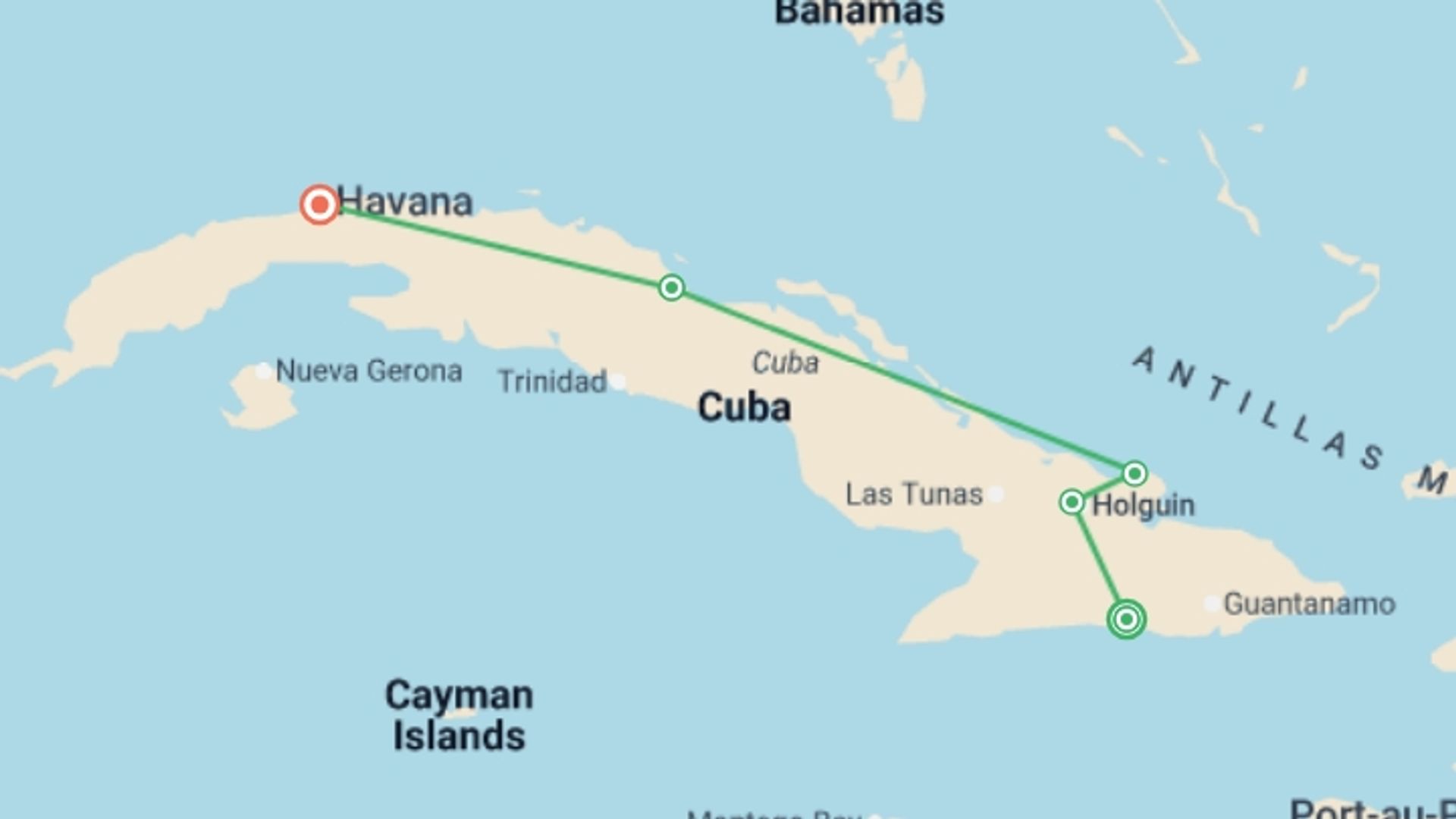 A map showing the tour itinerary for the trip: Essential Cuba, starting in Santiago De Cuba, Cuba and ending in Havana, Cuba going through 2 other destinations.