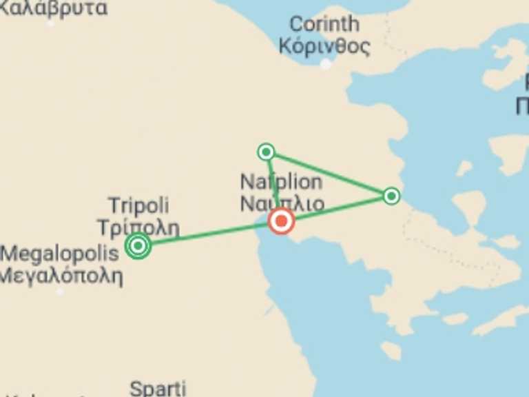 Map itinerary of Nafplion Tour in September 2026 with 5 destination visits for the trip: Cycling in the Peloponnese