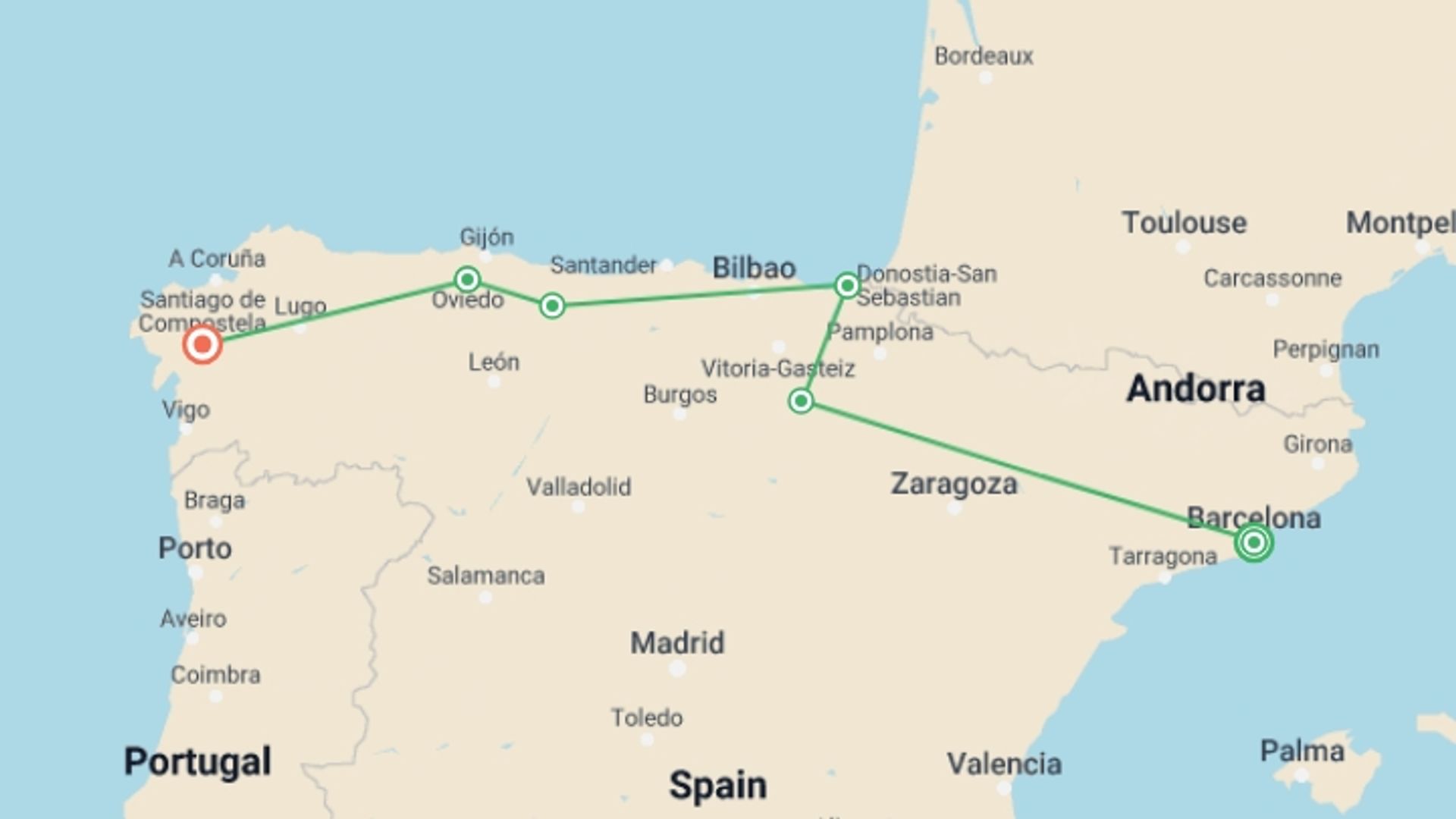 A map showing the tour itinerary for the trip: Northern Spain Real Food Adventure, starting in Barcelona, Spain and ending in Santiago De Compostela, Spain going through 5 other destinations.