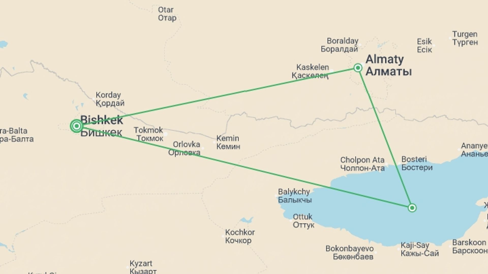 A map showing the tour itinerary for the trip: Bishkek To Bishkek (15 Days), starting in Bishkek, Kyrgyzstan and ending in Bishkek, Kyrgyzstan going through 2 other destinations.