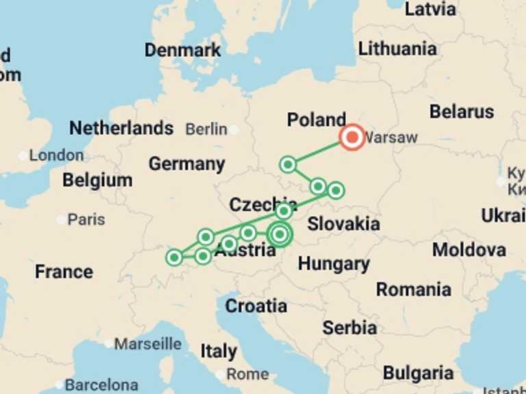 Map itinerary of Europe Tour in July 2026 with 11 destination visits for the trip: Austria, Moravia and the Heart of Poland