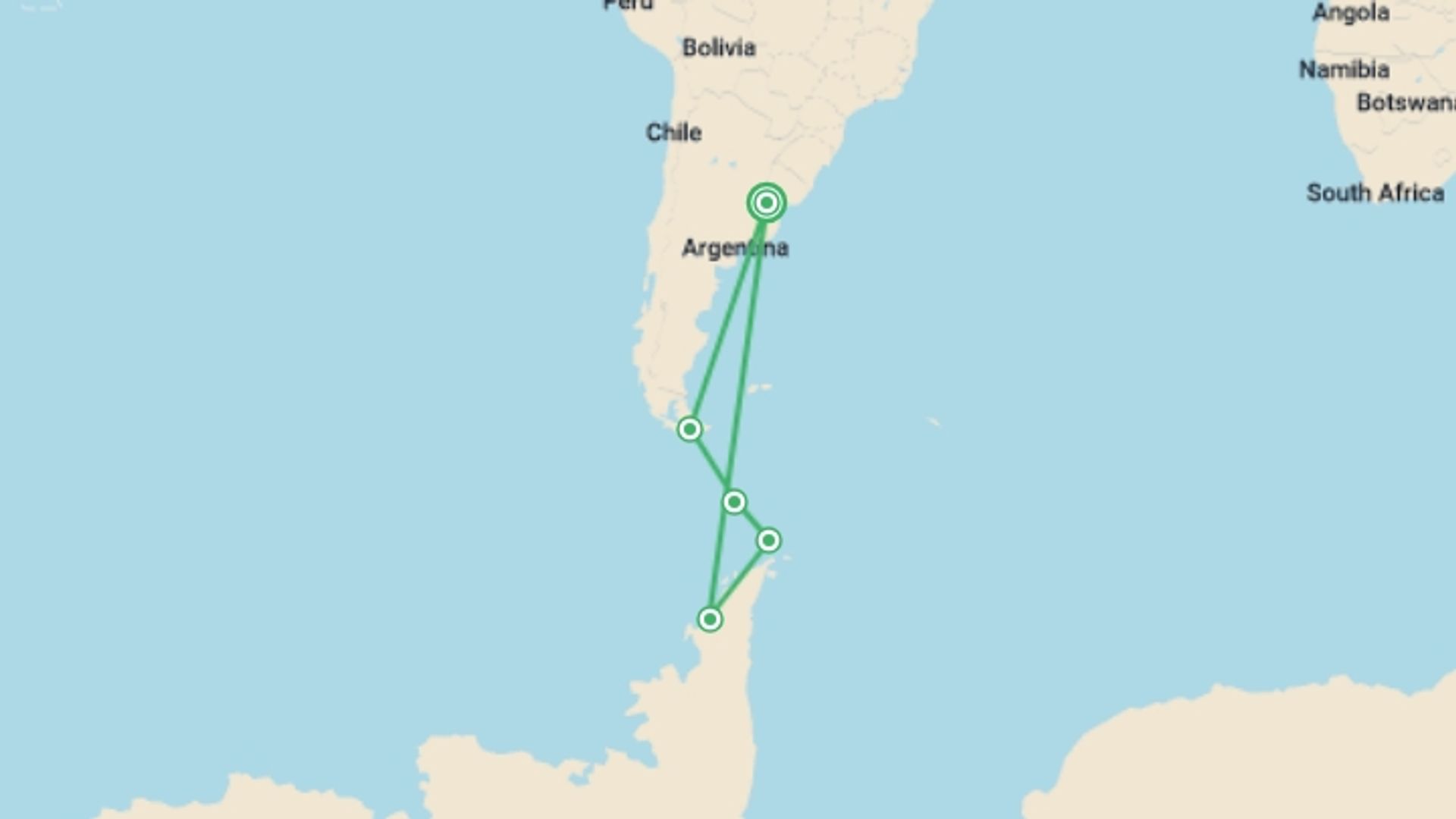 A map showing the tour itinerary for the trip: Antarctic Peninsula: Crossing the Circle, starting in Buenos Aires, Argentina and ending in Buenos Aires, Argentina going through 4 other destinations.